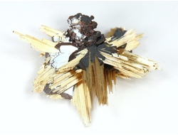 Редкость! Рутил свободного роста, сростки "звезды" золотистых игольчатых кристаллов на кристаллах гематита, Бразилия (22*18*6 мм, 1,25 г) №37913