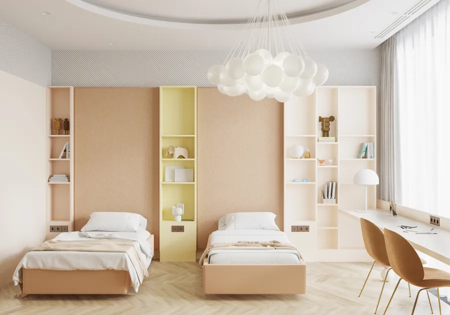 Визуализация детской комнаты, для оформления стен под потолком использованы 3d панели из гипса. Проект дизайн-студии "NIDO Interiors".