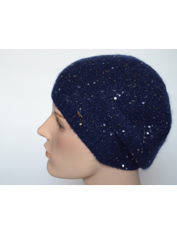 Синий берет вязаный с пайетками Vizio Италия 6943 BO тонкий фото