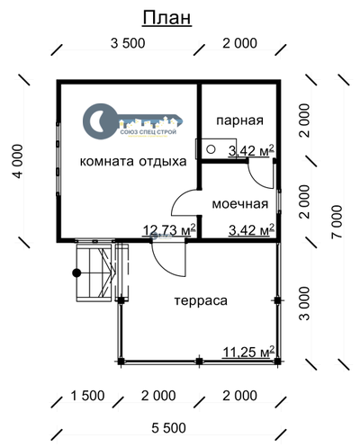 Б-13  ГАБАРИТНЫЕ РАЗМЕРЫ: (7Х5.5М) 1 ЭТАЖ, ОБЩАЯ ПЛОЩАДЬ: 34М²