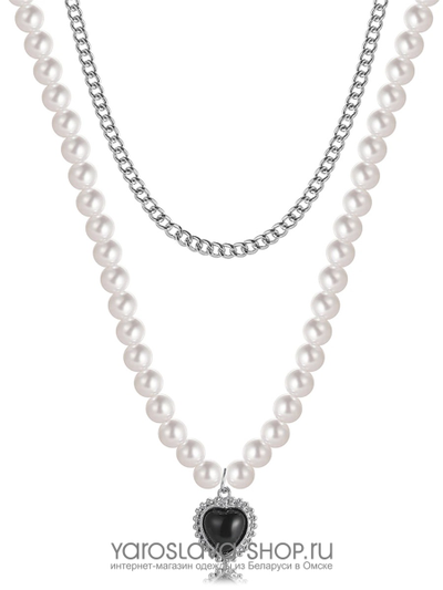 Ожерелье жемчужное с цепью под серебро с подвеской черное сердце