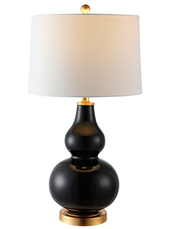 Настольная лампа черная с белым абажуром.
