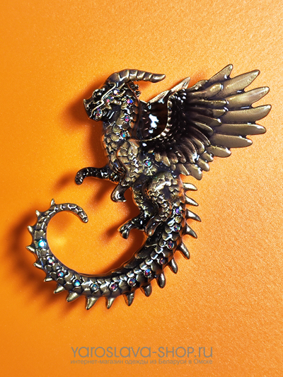 Брошь металическая дракон со стразами