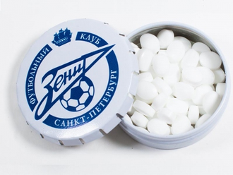 Click-Clack (Клик-клак), металлическая рекламная баночка с конфетками, круглая