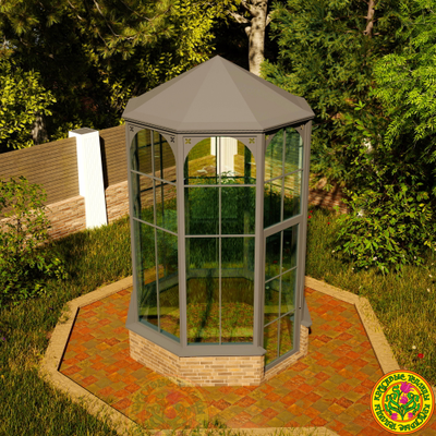 Угловое соединение алюминиевого профиля оранжереи ИДЭН в цвете RAL, закаленное стекло 4 мм.