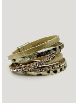 (АРТИКУЛ: 7125/51) БРАСЛЕТ ЖЕНСКИЙ, НАМОТКА, КОЖАНЫЕ НИТИ, МЕТАЛЛ, МЕЛКИЕ СТРАЗЫ, ЦВЕТ "ЗОЛОТИСТЫЙ/ЛЕОПАРД", НА МАГНИТЕ