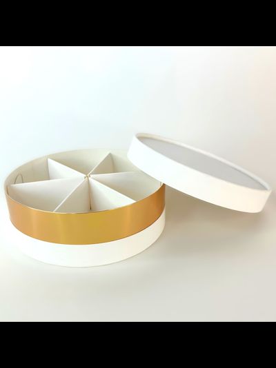 Коробка круглая для ассорти сладостей с лож. (белая/золото), 120*45мм