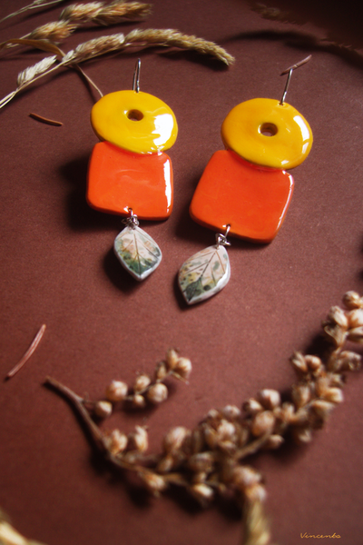 "Степное солнце", крупные этнические серьги в стиле глазурованной керамики