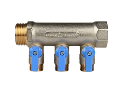 Коллектор распределительный STOUT с шаровыми кранами 1", 3 отвода 1/2" (синие ручки) (Арт. SMB 6211