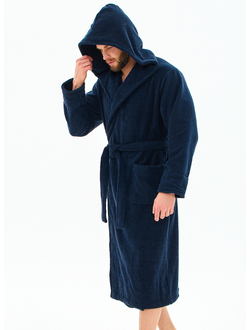 Мужской махровый халат синий с капюшоном SHEMIR