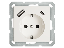 1L213WM Розетка с заземлением 16А+2USB A+С, белый матовый