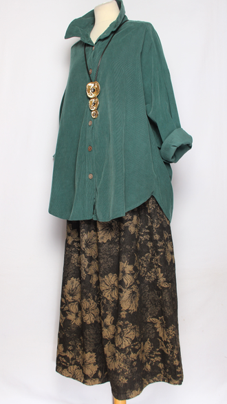 Рубашка Бохо "Вельвет защипы сбоку" малахит