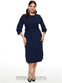 Модель: 2080-1. Деловое платье в классическом стиле темно-синего оттенка с поясом.
