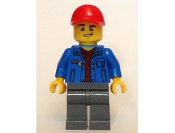 Truck Driver - Blue Jacket over Dark Red V-Neck Sweater, Dark Bluish Gray Legs, Red Cap with Hole, Lopsided Grin, n/a (cty0800)