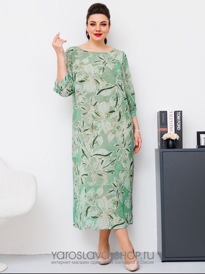 Модель: 1-2442.Шифоновое платье с цветочным принтом в зеленом оттенке