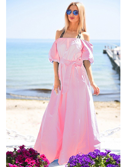 длинное платье с воланом розовое