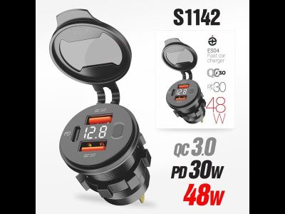 Автомобильный USB разъем врезной ES04 PD30W + QC3.0 + QC3.0 с дисплеем 12V–24V