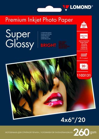 Суперглянцевая ярко-белая (Super Glossy Bright) микропористая фотобумага Lomond для струйной печати, 4" x 6", 260 г/м2, 20 листов.