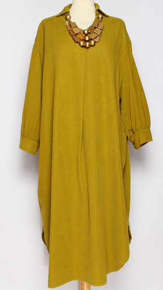 Платье-рубашка "Вельвет пышный рукав "  горчица, бежевое до р.54