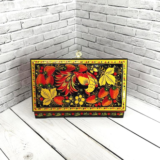 Шкатулка для денег Птица с клубникой 180х100 мм деревянная с росписью Хохлома