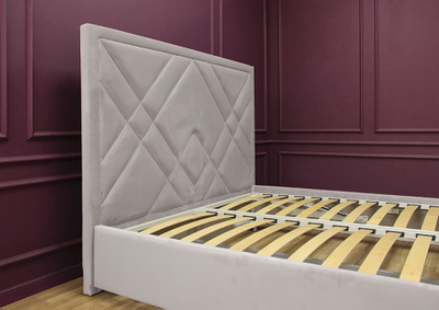 Современная дизайнерская кровать Джевел, мягкое высокое изголовье, геометрическая стежка, фанера, усиленная металлом, с подъемным механизмом и бельевым ящиком