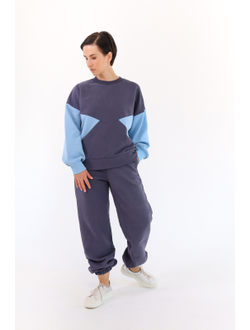 Свитшот  колорблок хлопковый велюр (черничный)