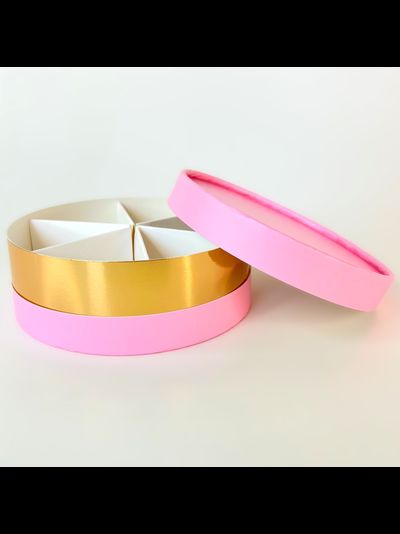 Коробка круглая для ассорти сладостей с лож. (розовая/золото), 120*45мм