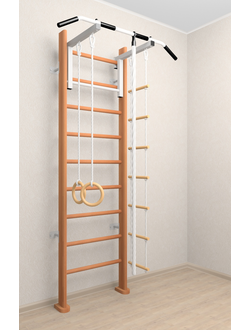 Деревянная шведская стенка со съемным турником и детским навесным (канат , кольца, веревочная лестница) для взрослых и детей . Цвет орех .