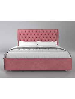 Современная дизайнерская кровать Леон, мягкое высокое изголовье, катерная стяжка, фанера, усиленная металлом, с подъемным механизмом и бельевым ящиком