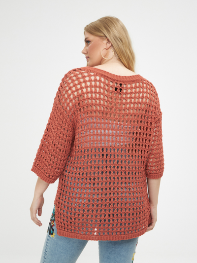 Джемпер-сетка вязанный с рукавом 3/4, цвет- мокко, терракот