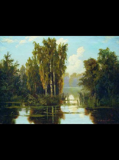 Картина обогреватель, репродукция Арсения Мещерского Пейзаж с озером