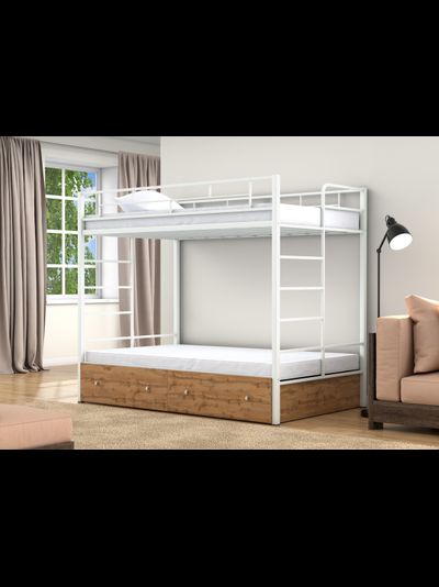 Двухъярусная кровать Валенсия 120 Твист Белый ящики дуб крафт табак