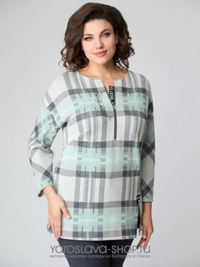 Трикотажная туника мятно-серого цвета в крупную клетку
