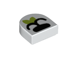 Tile, Round 1 x 1 Half Circle Extended with Black Nose and Closed Mouth with Lime Leaf Pattern, White (24246pb030 / 6326158)