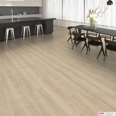 Декор ламината Haro Дуб Элеганза Кремово-Белый 541584 в интерьере гостиной