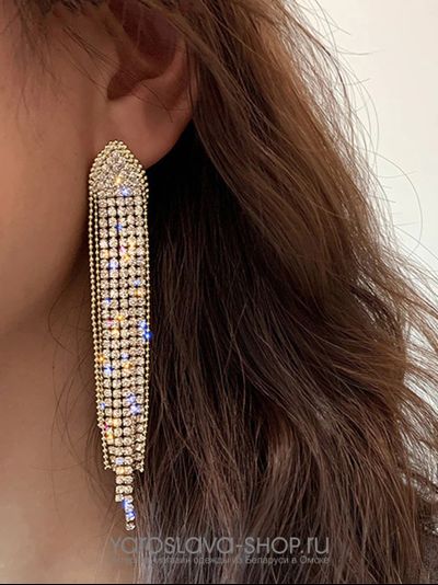 Серьги-пусеты, длинные кисточки со стразами