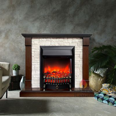 Электрокамин Тауэр LO камень белый с очагом Fobos