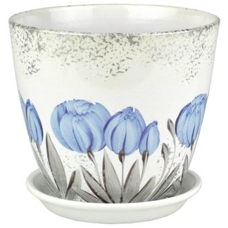 Белый с голубым керамический цветочный горшок диаметр 15 см с рисунком "Подснежники"