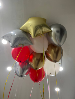 Шары белый, красный, серебро, золото, звёздочки 10 шт под потолок