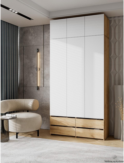 Абрау Шкаф трехстворчатый с ящиками и антресолью Дуб золотой/Белый