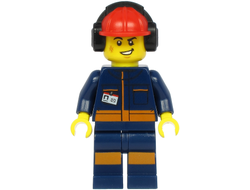 Airport Flagger - Male, Dark Blue Jumpsuit with Orange Stripes, Red Construction Helmet with Black Ear Protectors / Headphones, n/a (cty1183)