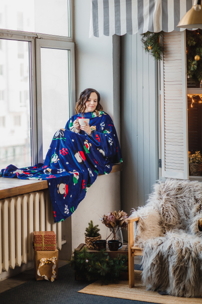 Плед с рукавами "Веселые пингвины" из микрофибры (велсофта)