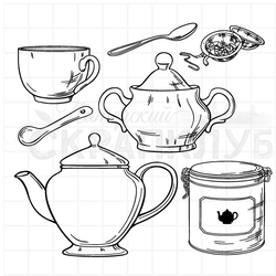 Штамп чайник, чашка и сахарница