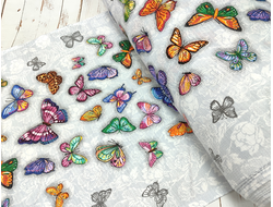 Вафельное полотно 176 г/м2 цвет серый принт Радужные бабочки