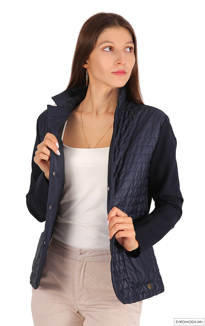 стильная итальянская женская куртка темно-синего цвета с трикотажными рукавами, Linea Cinque