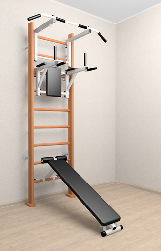 Спортивный комплекс для дома  деревянный. С турником , брусьями и  скамьей для пресса  (ОРЕХ)