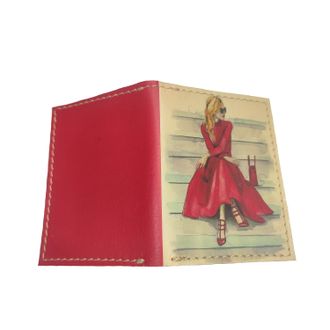 Картхолдер-книжка с двумя отделениями "Девушка в красном" с прозрачными отворотами