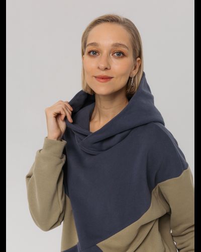 Худи  колорблок хлопковый велюр (черничный)