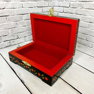 Шкатулка для хранения украшений Птица с клубникой 120*80 мм с росписью Хохлома