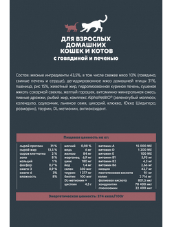 AlphaPet (АльфаПет) WOW Superpremium сухой корм для взрослых кошек с говядиной и печенью 350 г